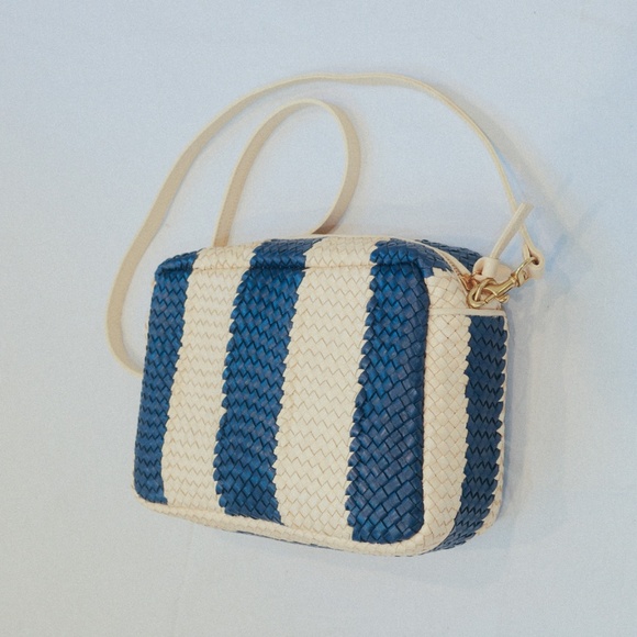 Clare V. Marisol Woven Leather Crossbody Bag – Indigo & Cream Racing Stripes - Picture 2 of 8